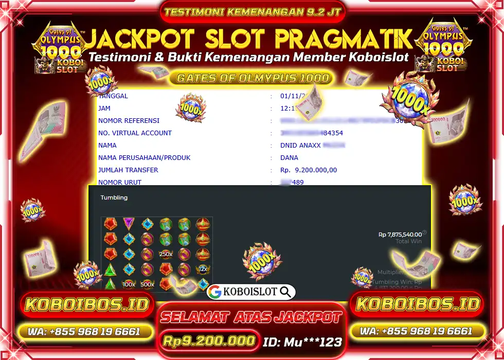BUKTI KEMENANGAN SLOT GACOR GATES OF OLYMPUS 1000 Rp9.200.000,- LUNAS