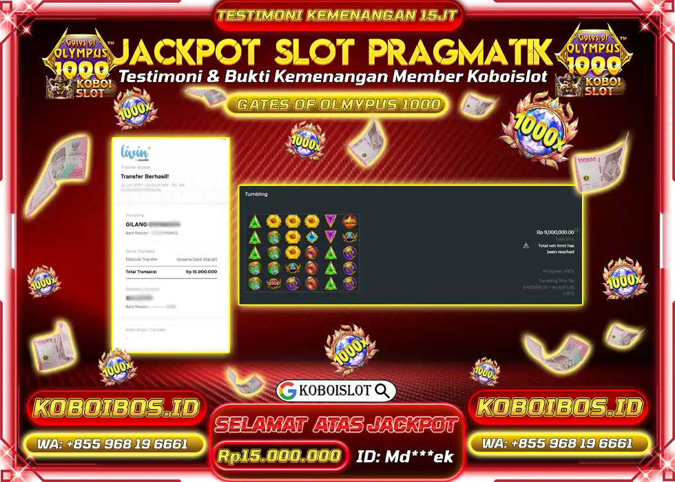 BUKTI KEMENANGAN SLOT GACOR GATES OF OLYMPUS 1000 Rp15.000.000,- LUNAS