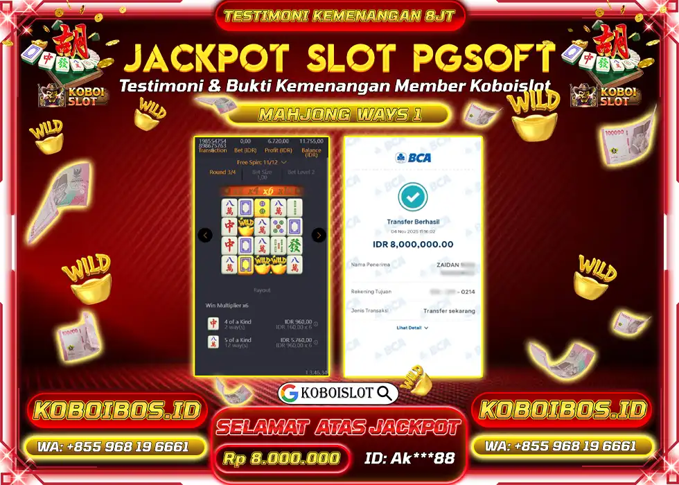 BUKTI KEMENANGAN Ak*** SLOT GACOR MAHJONG WAYS 1 Rp8.000.000,- LUNAS