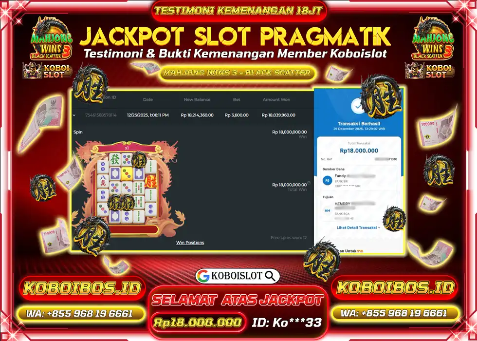 BUKTI KEMENANGAN SLOT GACOR MAHJONG WINS 3 - BLACK SCATTER Rp18.000.000,- LUNAS