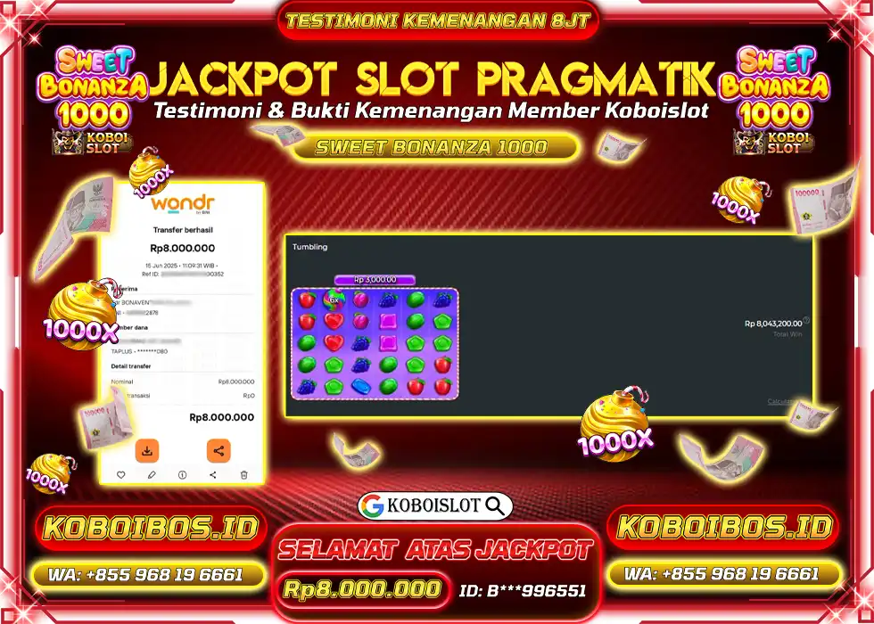 BUKTI KEMENANGAN SLOT GACOR SWEET BONANZA 1000 B*** Rp8.000.000,- LUNAS