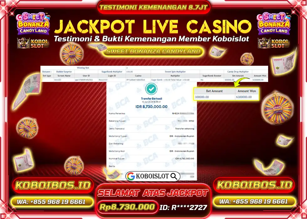 BUKTI KEMENANGAN LIVE CASINO SWEET BONANZA CANDYLAND Rp8.730.000,- LUNAS