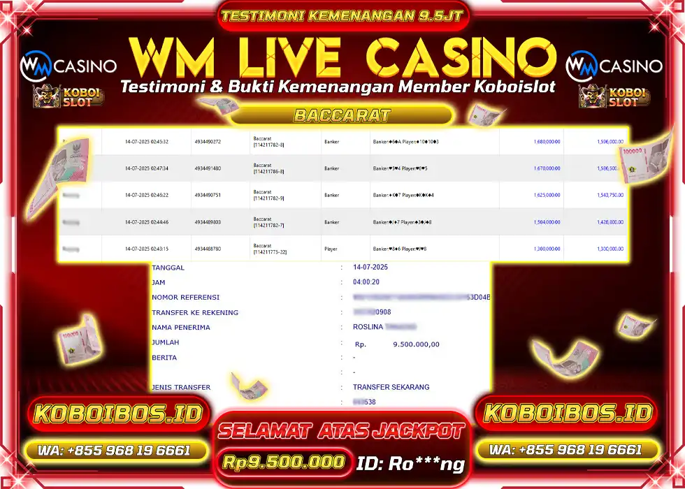 BUKTI KEMENANGAN WM LIVE CASINO BACCARAT Rp9.500.000,- LUNAS